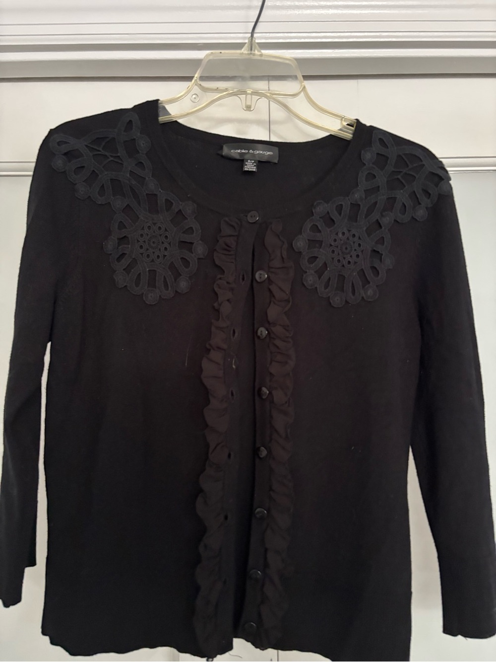 Cable & Gauge Black Cardigan with Lace Yoke and Ruffle Front